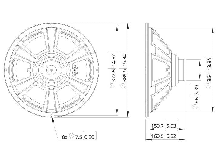 Lavoce WSN152.50 15" Woofer, Neodym, Stahlkorb – Ansicht 3