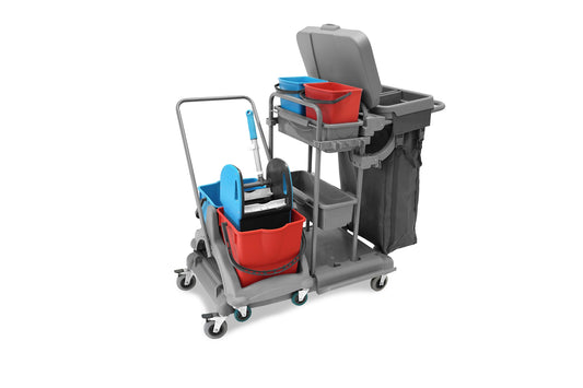 SemyTop Reinigungswagen 2x5l mit Doppelfahrwagen 2x18l Eimer, Mopp-Presse, Mopp-Halterung, Utensilbehälter und 100l Lein