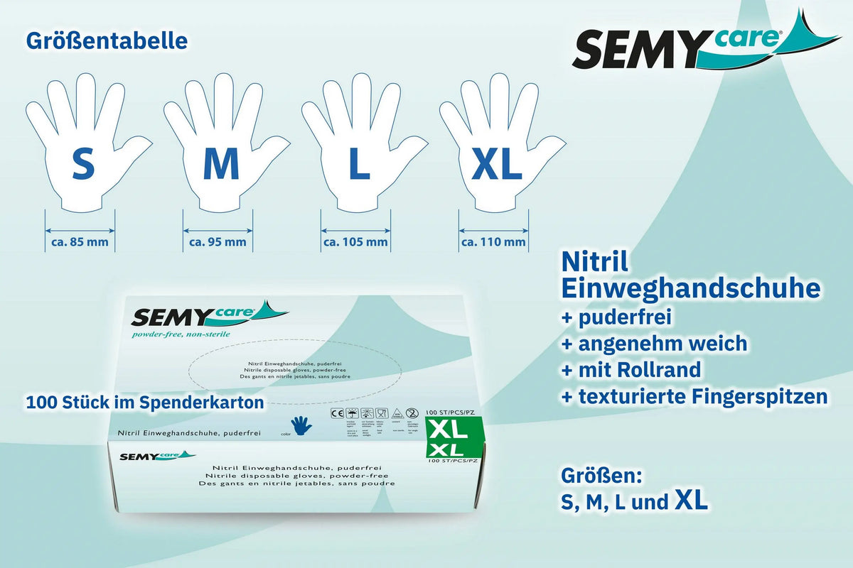 SemyCare Nitril-Einweghandschuhe blau, puderfrei, 10 x 100 Stück
