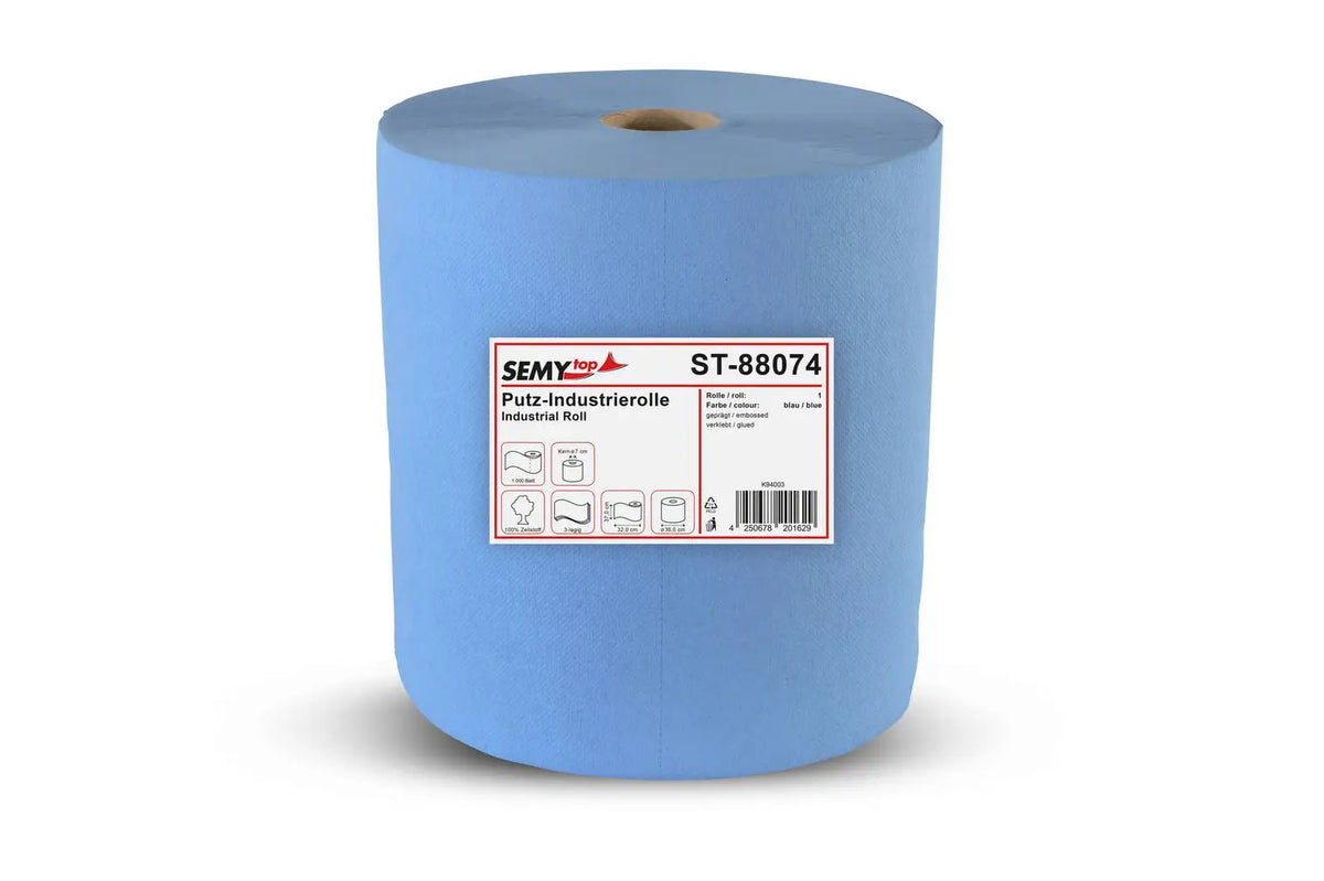 SemyTop Industrierolle 37 cm, 3-lagig, blau, Zellstoff, 1000 Blatt, 1 Rolle