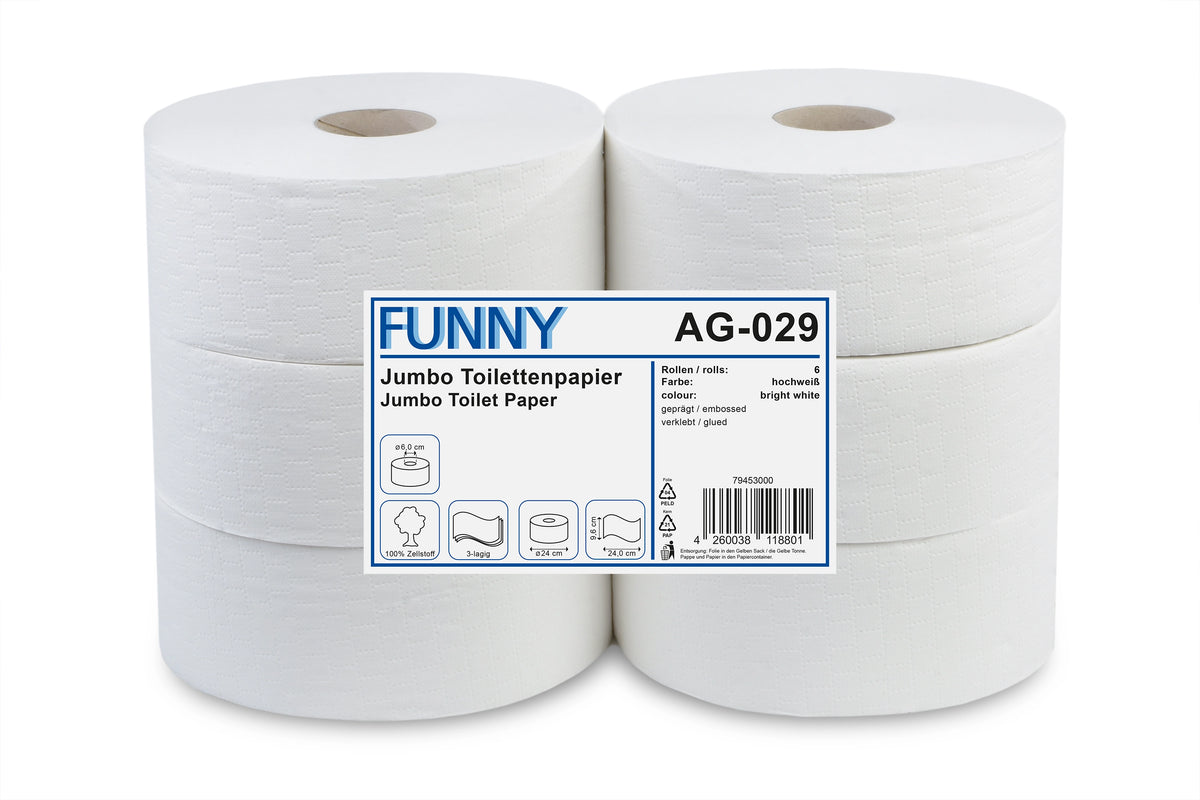 Funny Jumbo-Toilettenpapier, 3-lagig, Zellstoff weiß, Ø 24 cm, 6 Rollen