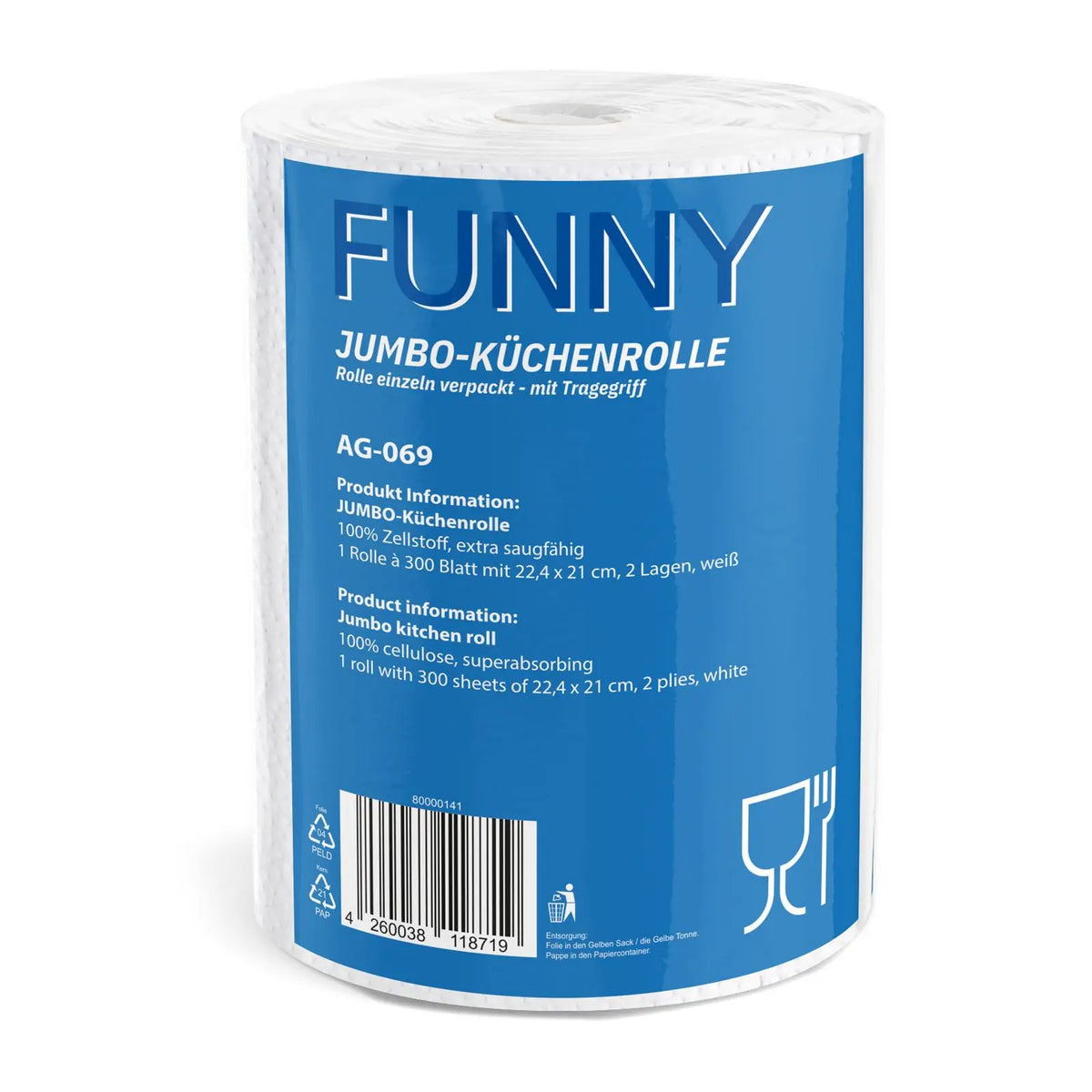 Funny Jumbo-Küchenrolle 2-lagig, 300 Blatt, Zellstoff weiß, 6 Rollen