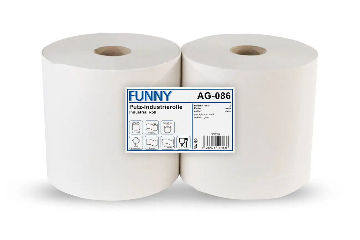 Funny Industrierolle 26 cm, 2-lagig, Zellstoffmix weiß, 1.000 Blatt, 2 Rollen