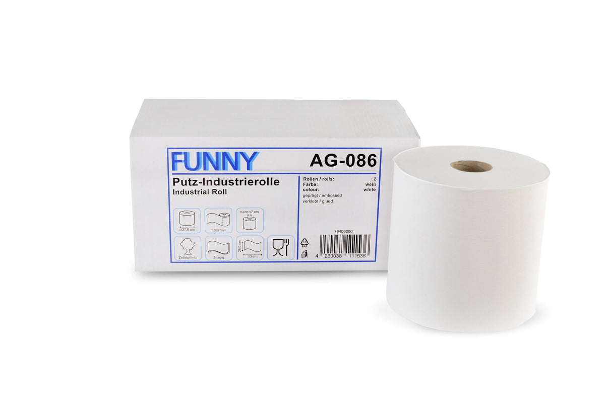 Funny Industrierolle 26 cm, 2-lagig, Zellstoffmix weiß, 1.000 Blatt, 2 Rollen