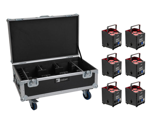 Eurolite Set 6x AKKU UP-4 QCL Spot QuickDMX MK2 + Flightcase mit Rollen und Ladefunktion