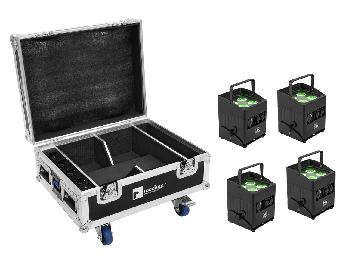 Eurolite Set 4x AKKU IP UP-4 QCL Spot QuickDMX MK2 + Flightcase mit Rollen und Ladefunktion
