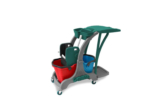 SemyTop Doppelfahrwagen mit 2 x 25 l Eimer, Mopp-Presse, Utensilbehälter, Müllsackhalterung, Mopphalter + Ablage
