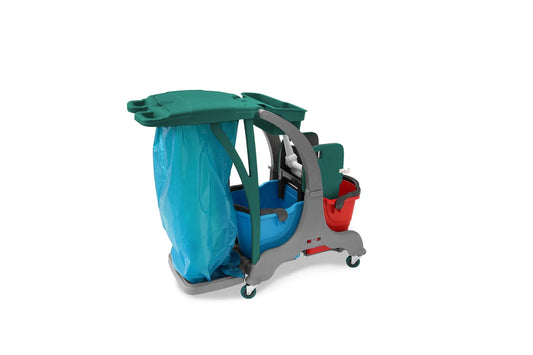 SemyTop Doppelfahrwagen mit 2 x 25 l Eimer, Mopp-Presse, Utensilbehälter, Müllsackhalterung, Mopphalter + Ablage