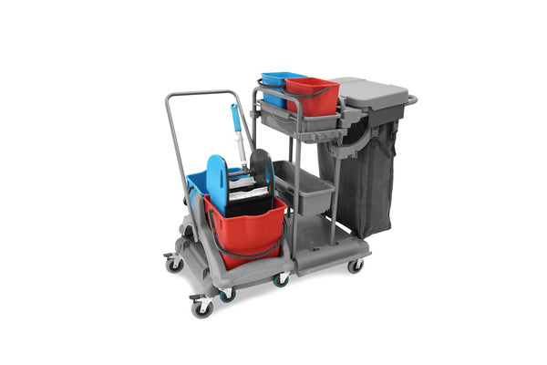 SemyTop Reinigungswagen 2x5l mit Doppelfahrwagen 2x18l Eimer, Mopp-Presse, Mopp-Halterung, Utensilbehälter und 100l Leinentasche