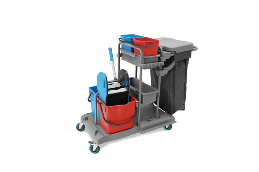 SemyTop Reinigungswagen mit 2 x 5 l und 2 x 18 l Eimer, Mopp-Presse, Mopphalterung + Ablage, Utensilbehälter, 100l Leine