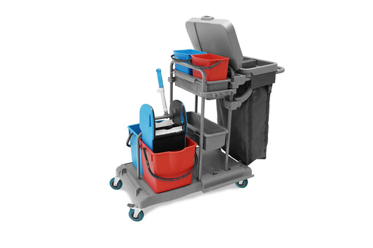 SemyTop Reinigungswagen mit 2 x 5 l und 2 x 18 l Eimer, Mopp-Presse, Mopphalterung + Ablage, Utensilbehälter, 100l Leine