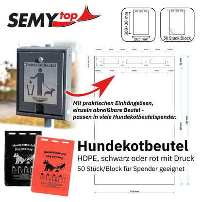 SemyTop HDPE Hundekotbeutel, schwarz, mit weißem Druck, 205 x 300 + 30 mm, 50 Stück je Block, 2.000 Stück im Karton