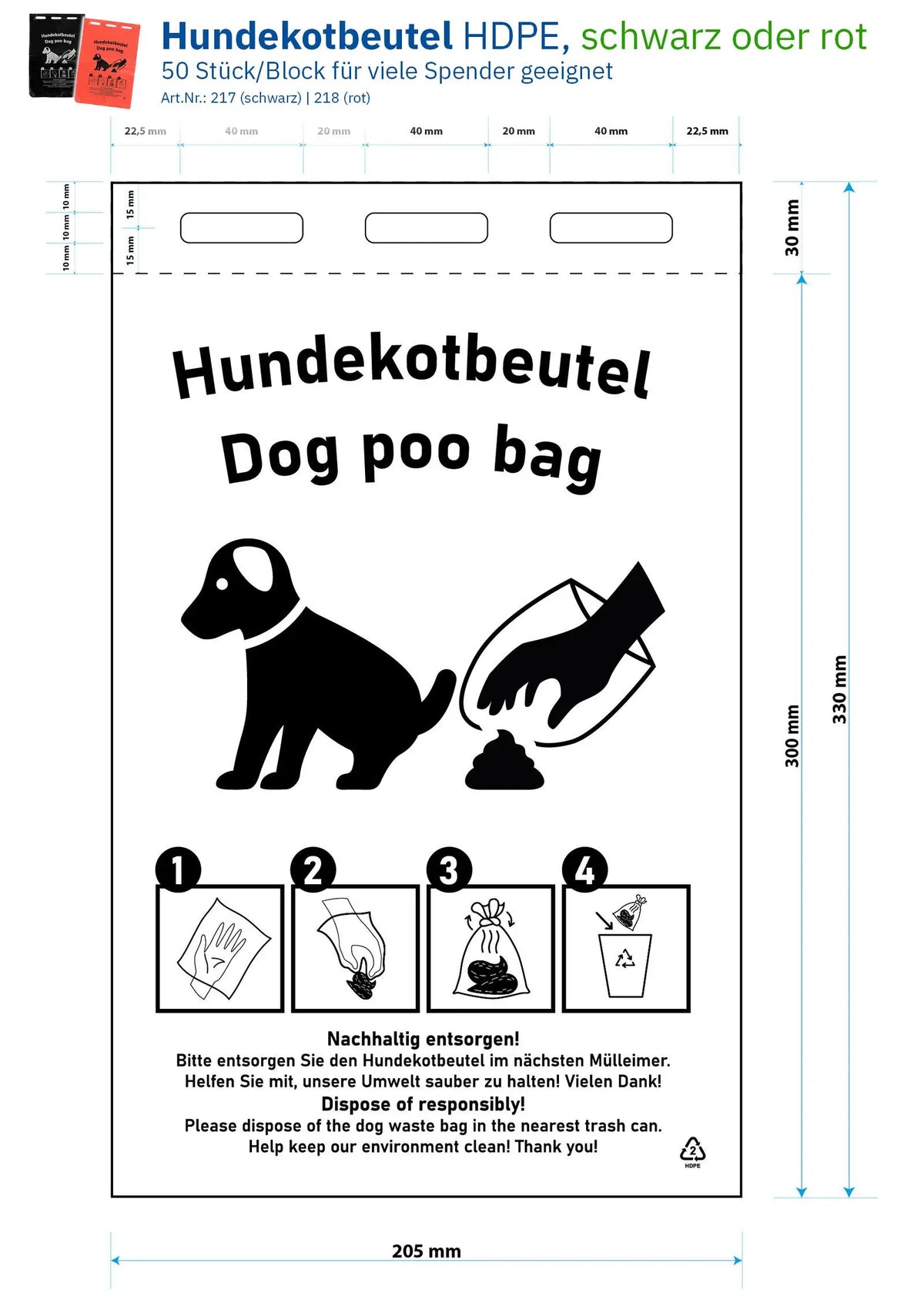 SemyTop HDPE Hundekotbeutel, rot, mit schwarzem Druck, 205x300+30mm, 50 Stück je Block, 2.000 Stück im Karton