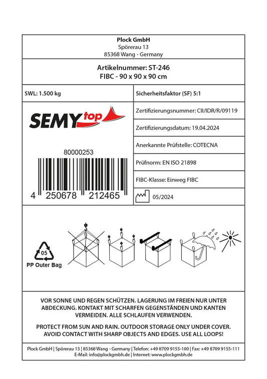 SemyTop PP Big Bag, weiß, 90x90x90cm, SWL 1500kg, SF 5:1, 4 Hebeschlaufen