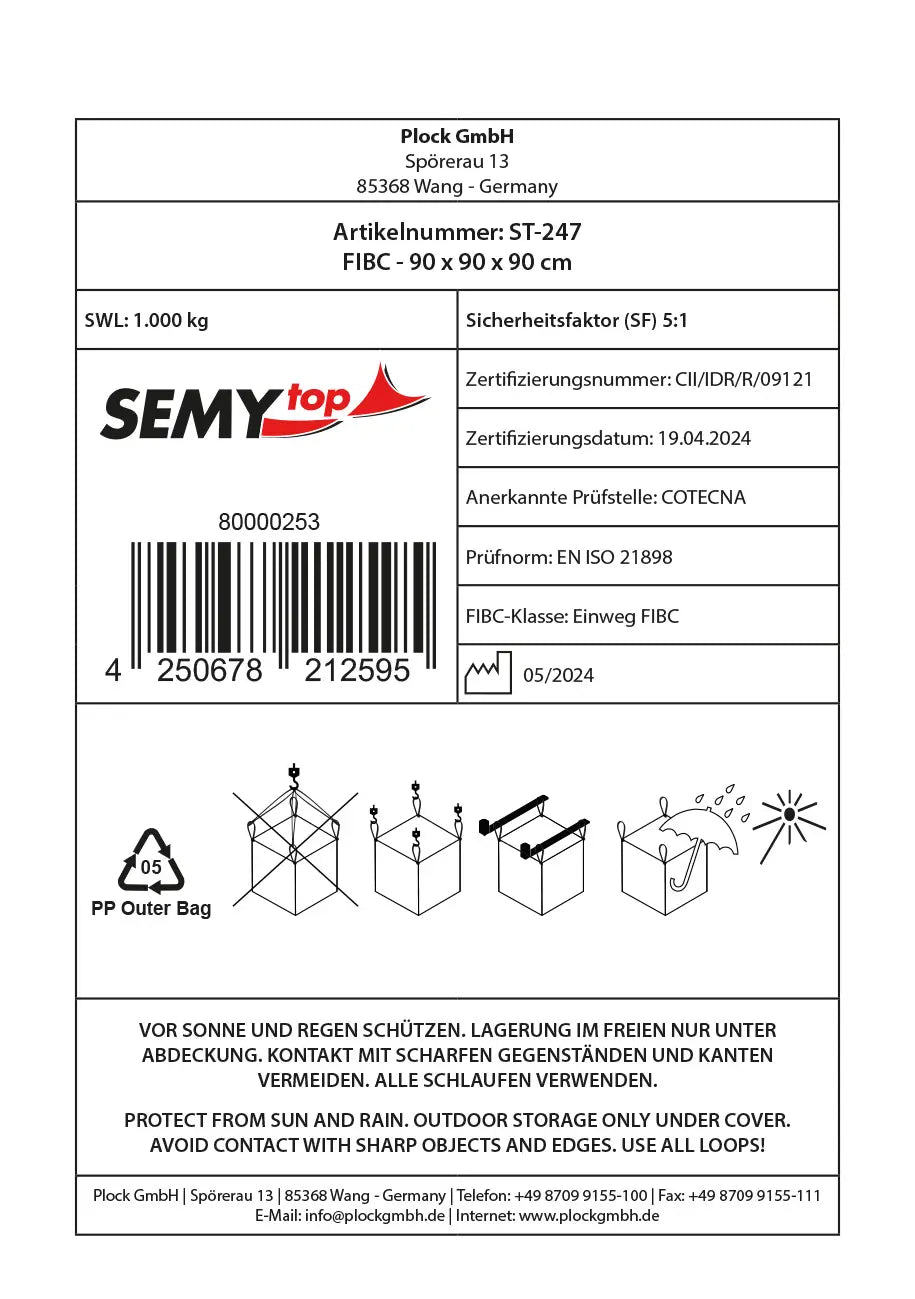 SemyTop PP Big Bag, weiß, 90x90x90cm, SWL 1000kg, SF 5:1, mit Schürze, wiederverschließbar