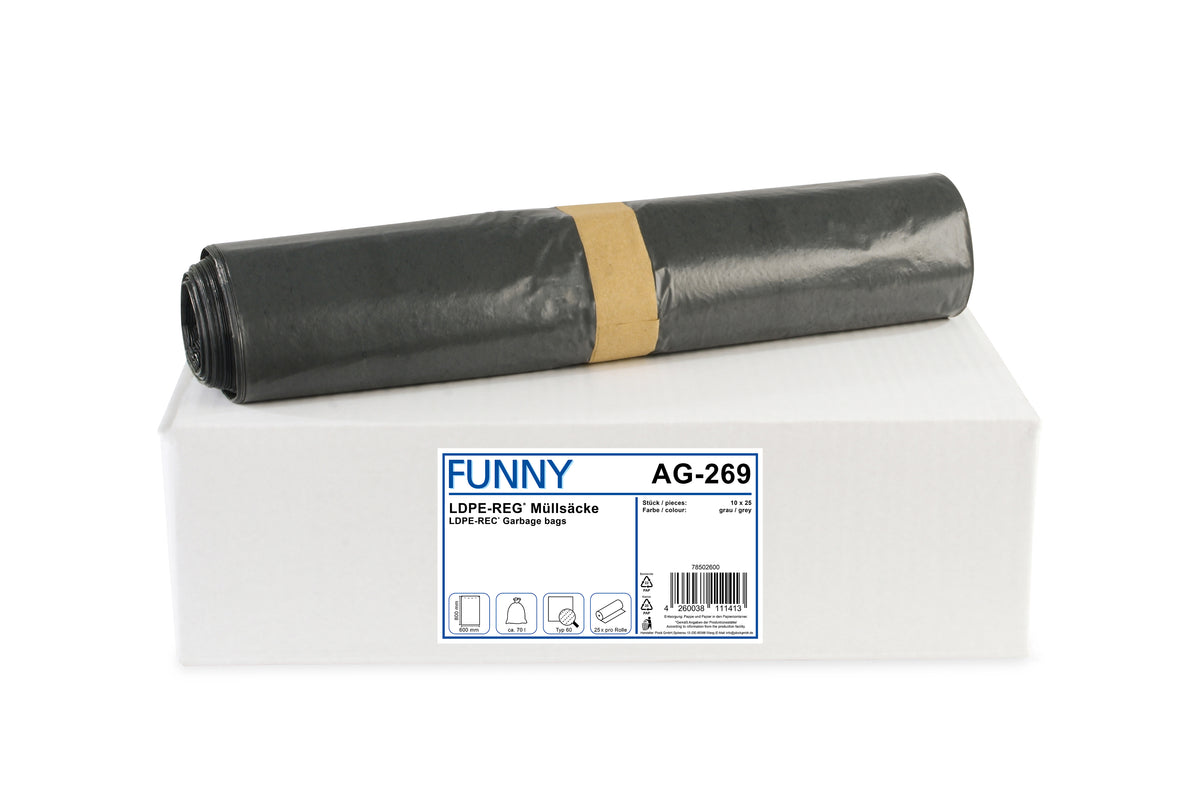 Funny LDPE-Regenerat Müllsäcke, grau, Typ 60, 70 l, 600 x 800 mm, 250 Stück