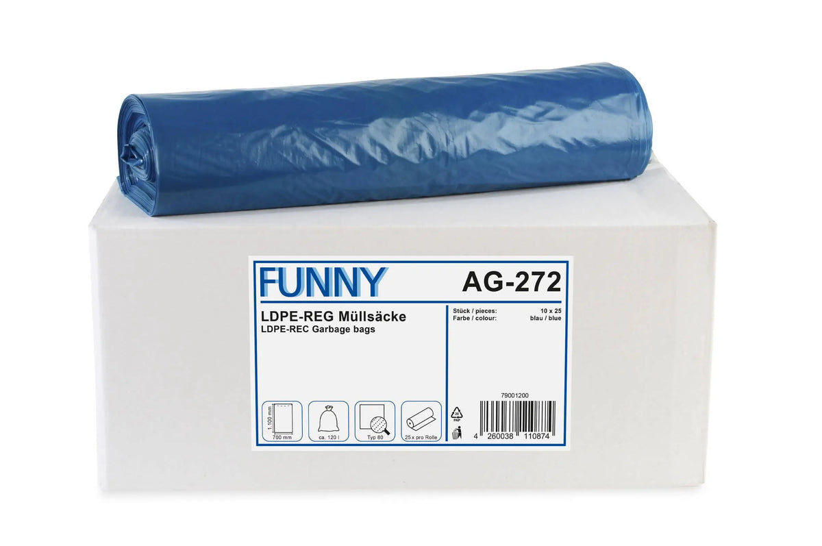 Funny LDPE-Regenerat Müllsacke, blau, Typ 80, 120 l, 700 x 1.100 mm, 250 Stück