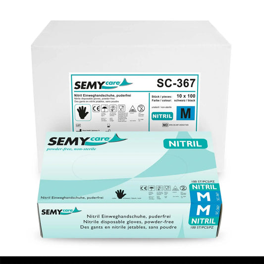 SemyCare Nitril-Einweghandschuhe schwarz, puderfrei, 10 x 100 Stück