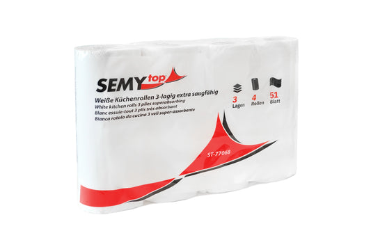 SemyTop Küchenrolle 3-lagig, 51 Blatt, Zellstoff weiß, 8 x 4 Rollen