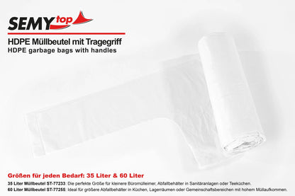 SemyTop HDPE Müllbeutel, mit Tragegriff, weiß, 35 l, 650 x 700 mm,900 Stück