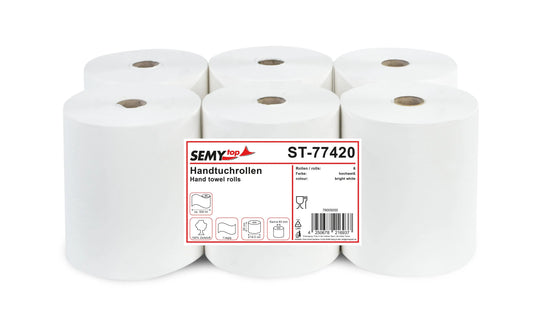 SemyTop Handtuchrolle 20 cm, 1-lagig, 304 m, Zellstoff weiß, Ø 19,5 cm, 6 Rollen