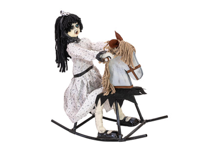Europalms Halloween Figur Mädchen auf Schaukelpferd, animiert, 72cm