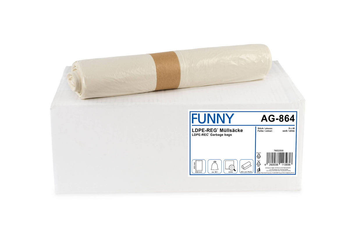 Funny LDPE-Regenerat Müllbeutel extra, weiß, 90 l, 630 x 850 mm, 360 Stück