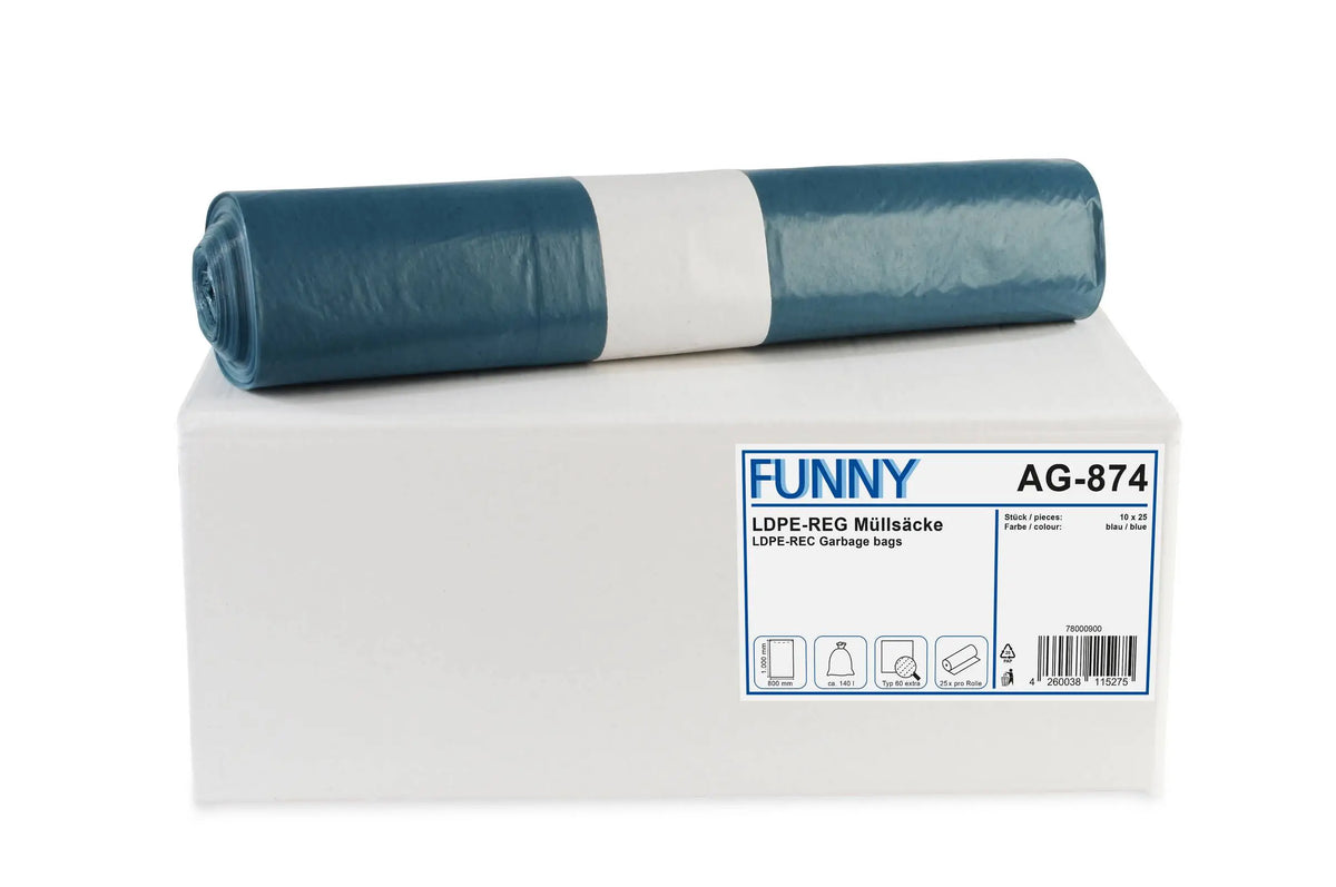 Funny LDPE-Regenerat Müllsäcke, blau, Typ 60 extra, 140 l, 800 x 1.000 mm, 250 Stück