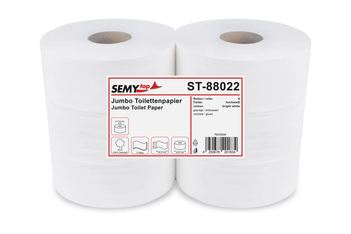 SemyTop Jumbo-Toilettenpapier, 2-lagig, Zellstoff hochweiß, Ø 25 cm, 6 Rollen