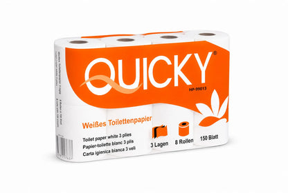QUICKY Toilettenpapier 3-lagig, 150 Blatt, Zellstoff weiß, 8 x 8 Rollen