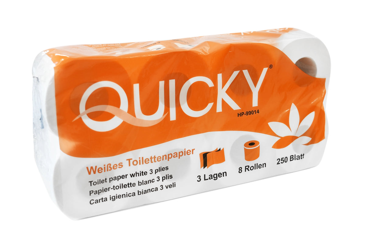 QUICKY Toilettenpapier 3-lagig, 250 Blatt, Zellstoff weiß, 6 x 8 Rollen