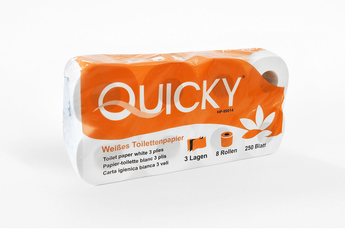 QUICKY Toilettenpapier 3-lagig, 250 Blatt, Zellstoff weiß, 6 x 8 Rollen