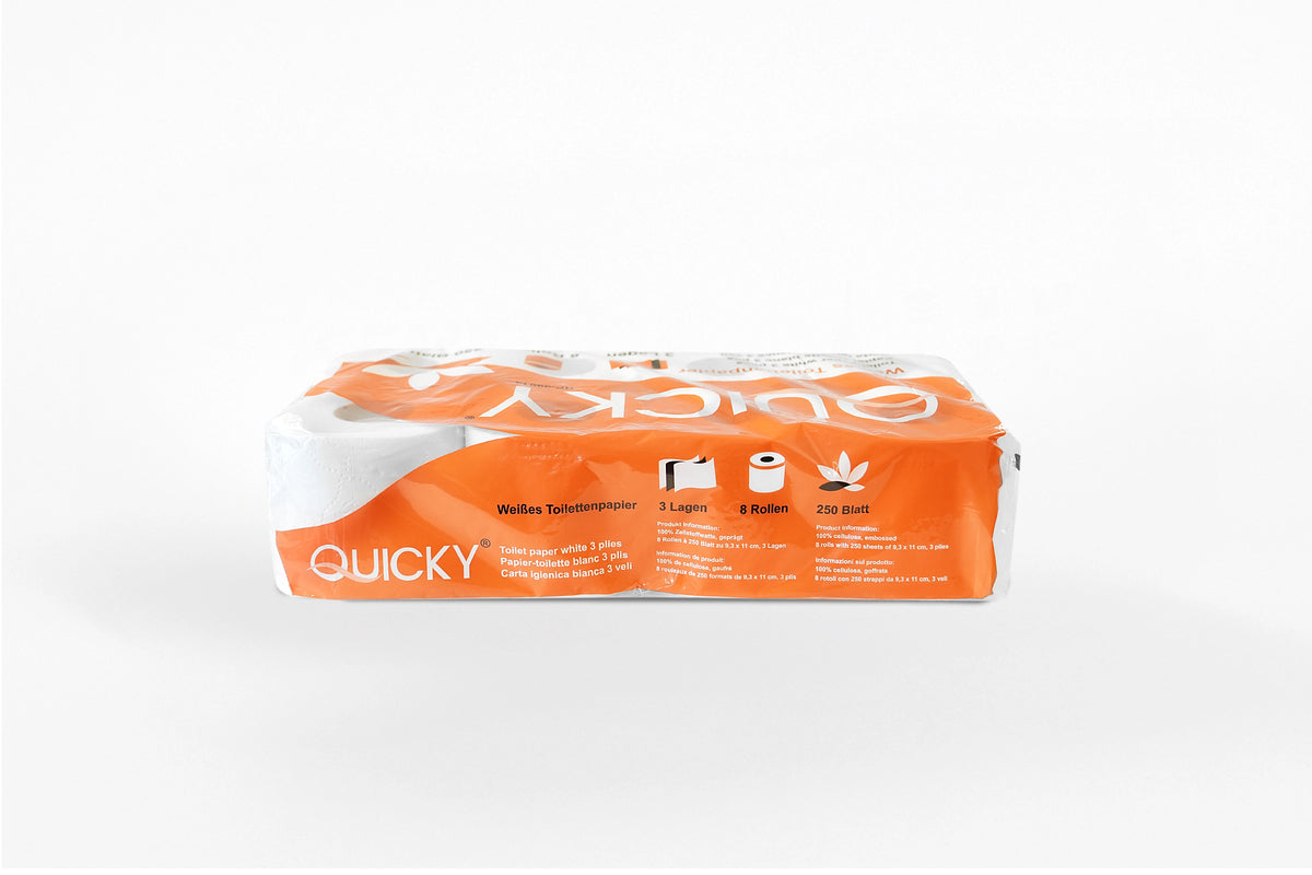 QUICKY Toilettenpapier 3-lagig, 250 Blatt, Zellstoff weiß, 6 x 8 Rollen