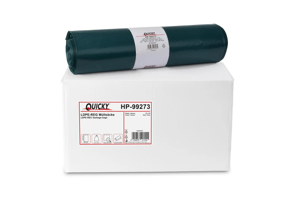 QUICKY LDPE-Regenerat Müllsacke, blau, Typ 100, 120 l, 700 x 1.100 mm, 10 Rollen à 20 Stück